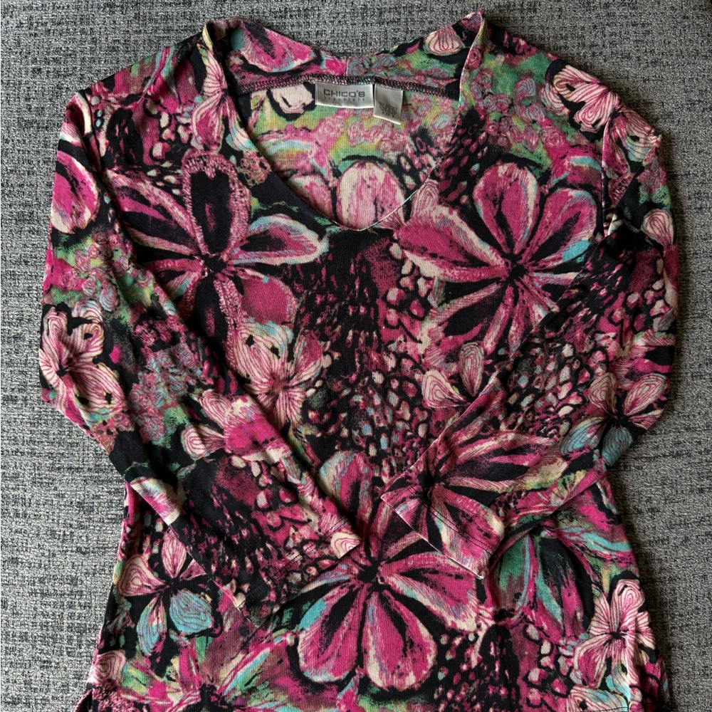 Chico's Multicolor Floral V-Neck Blouse